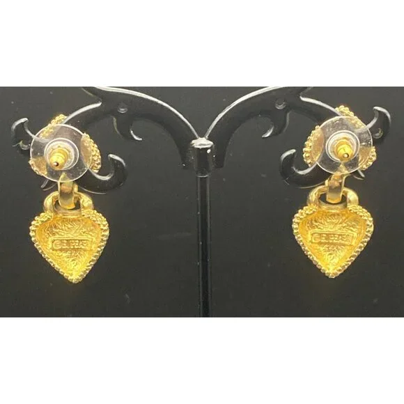 Vintage E. Pearl Signed Gold Tone Heart Drop Earrings Textured Dangle Caviar 1.5 - Picture 4 of 8